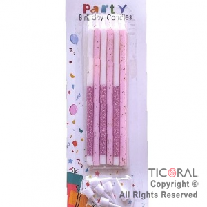 VELA BLANCO CON GIBRE Y BRILLOS ROSAS 12.5 CM x 6 UNIDADES